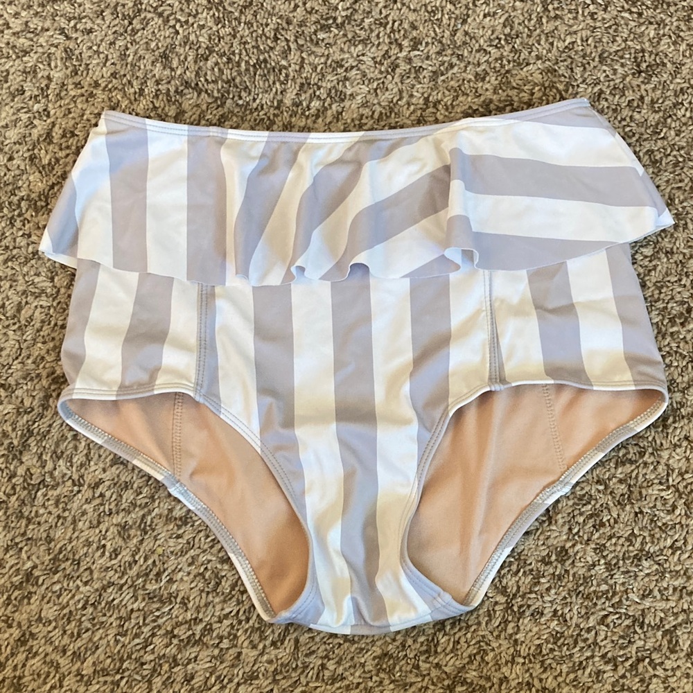 Kortni Jeane Striped Peplum Bikini Bottom - White and Gray